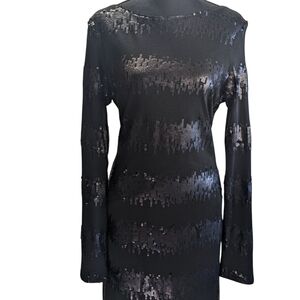Badgley Mischka Black Sequin Long Sleeve Bodycon Dress Wool Blend L